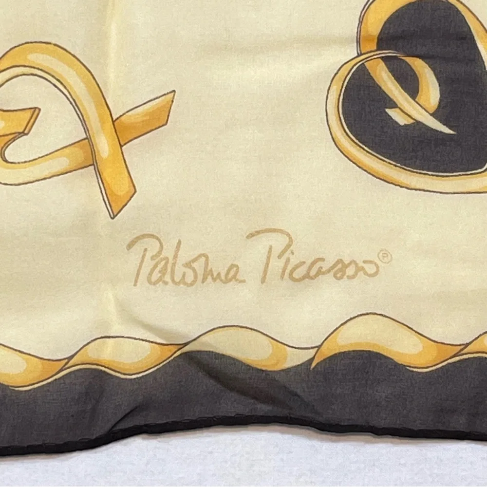 Paloma Picasso Vintage Made In Italy ”Hugs & Kisses” Silk Scarf Yellow & Brown